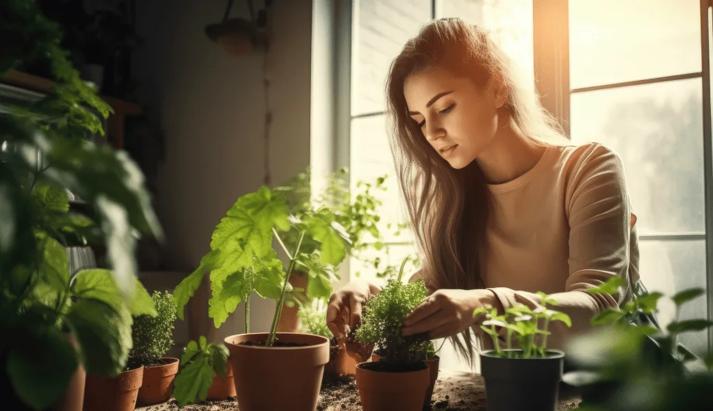 mulher cuidando das plantas com abudo feito a partir da compostagem caseira