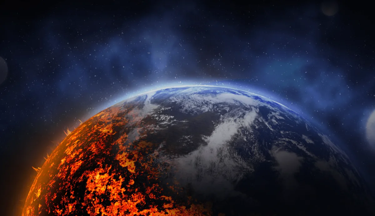 Representação do aquecimento global com metade do planeta em chamas causados pelo El Niño.