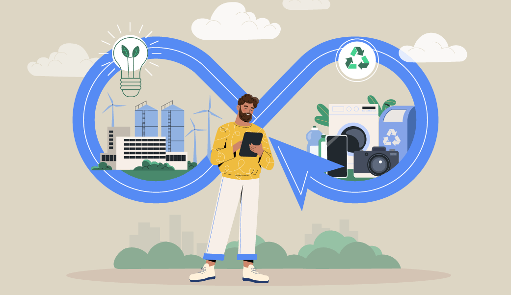 Ilustração de homem com tablet em frente a ícones de economia circular, incluindo energia eólica e reciclagem.
