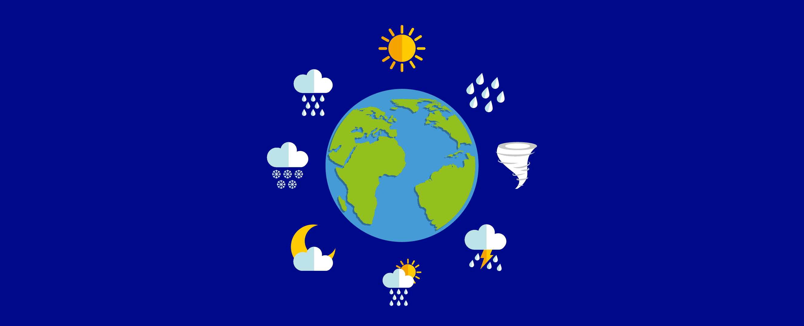 Ilustração de diversos fenômenos climáticos ao redor do globo terrestre.