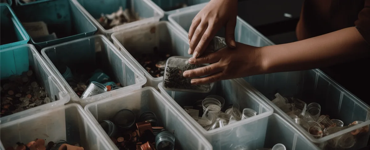 Pratica de hábito sustentável preparando compostagem de resíduos orgânicos em caixas de compostagem